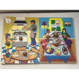 Melissa & Doug Wooden Peg Puzzle Set of‎ 2 - Family Dinner and Cooking Scenes